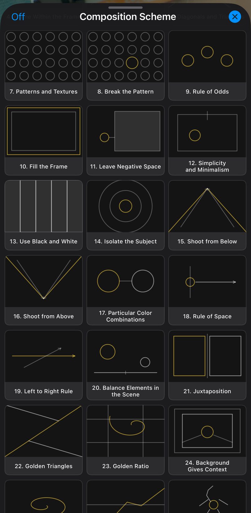 Composition Scheme picker showing guides such as Rule of Odds, Fill the Frame, Golden Triangles and Golden Ratio